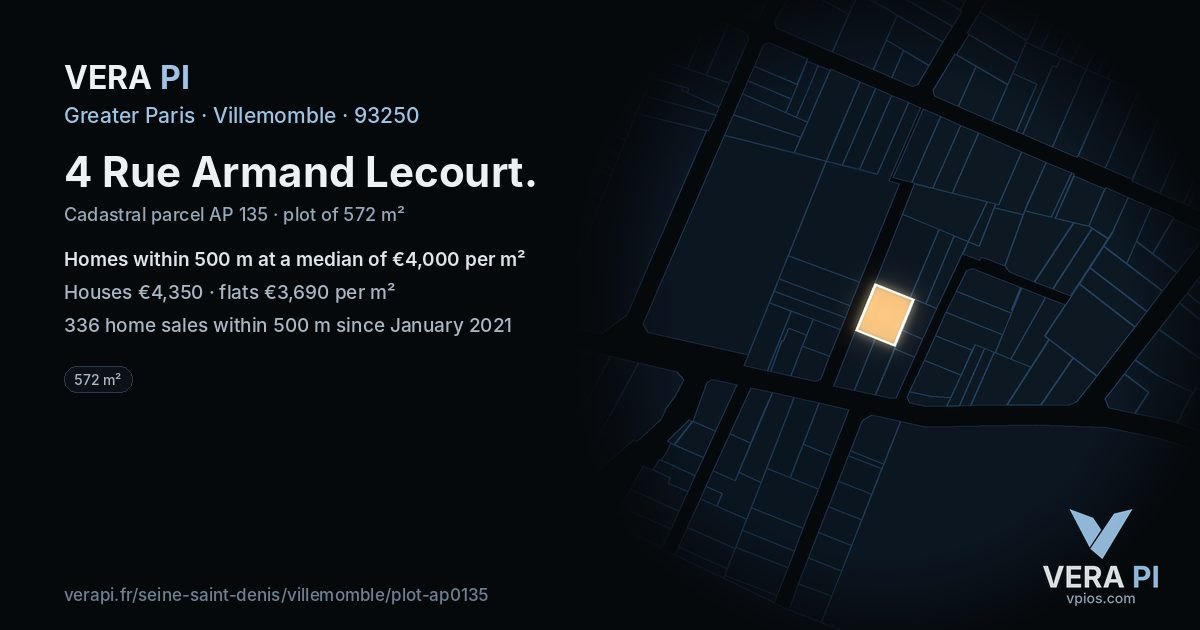 4 Rue Armand Lecourt, Villemomble at night – the plot lit, the parcels around coloured by the prices near them