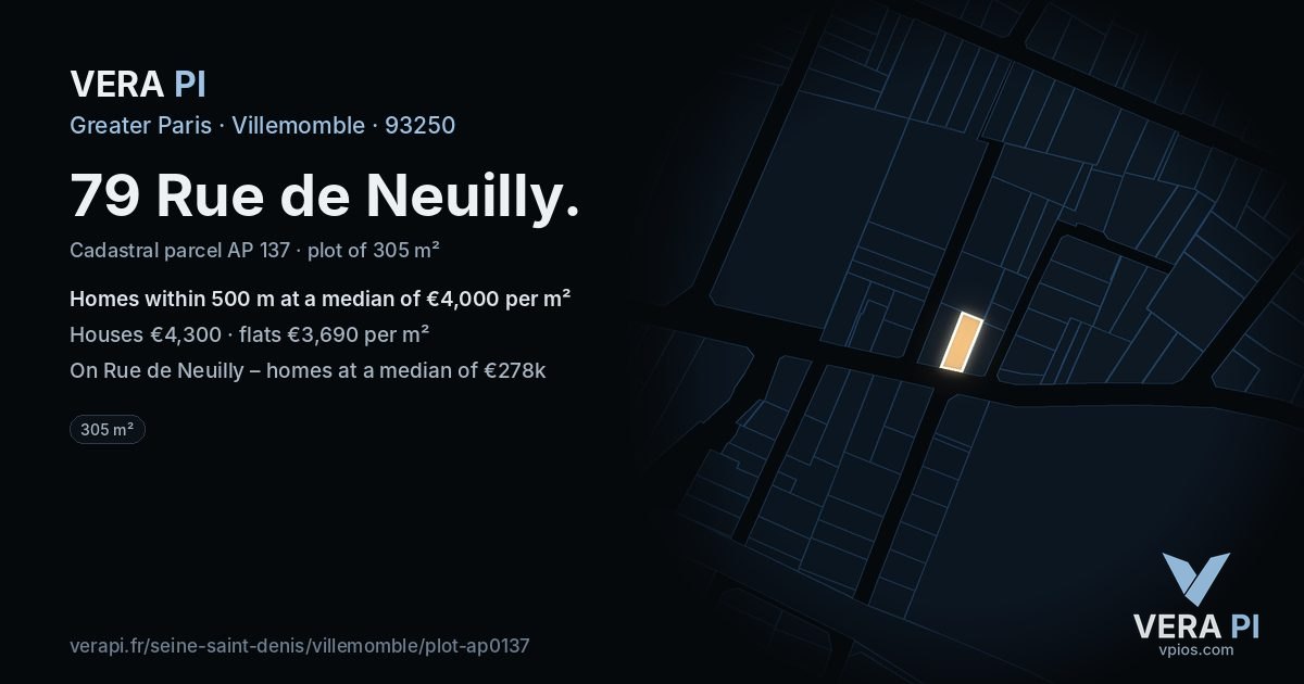 79 Rue de Neuilly, Villemomble at night – the plot lit, the parcels around coloured by the prices near them