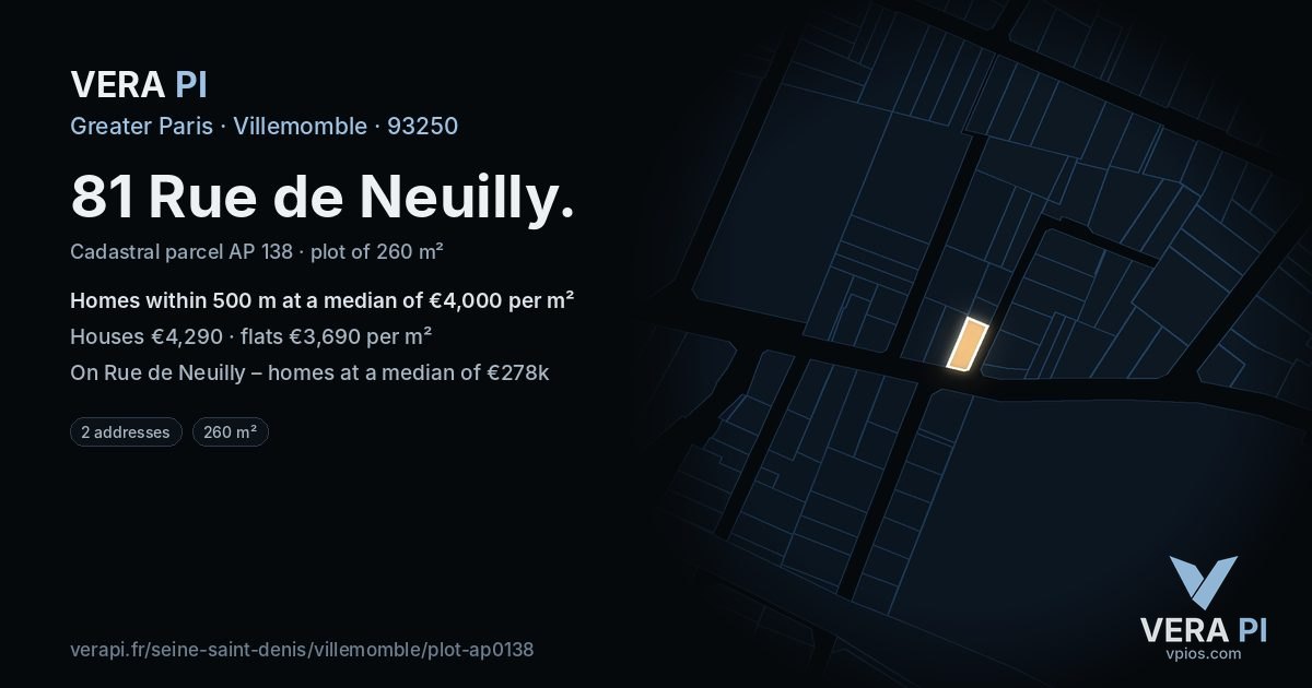 81 Rue de Neuilly, Villemomble at night – the plot lit, the parcels around coloured by the prices near them