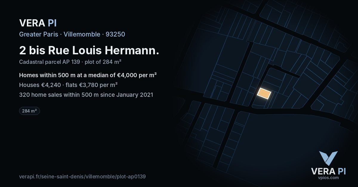 2 bis Rue Louis Hermann, Villemomble at night – the plot lit, the parcels around coloured by the prices near them