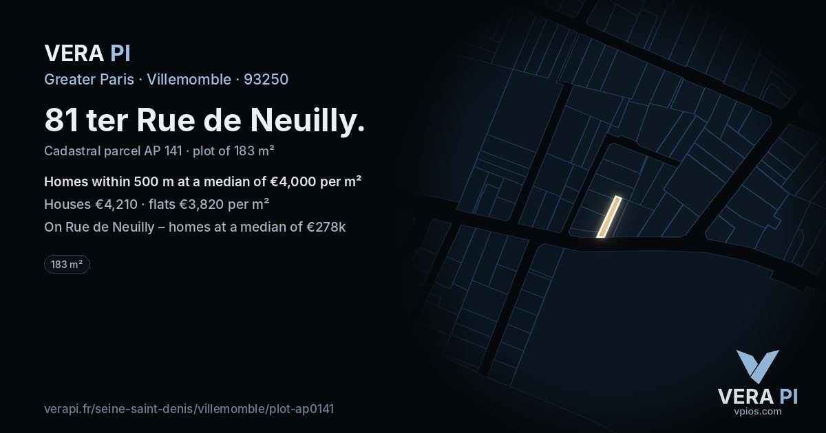 81 ter Rue de Neuilly, Villemomble at night – the plot lit, the parcels around coloured by the prices near them