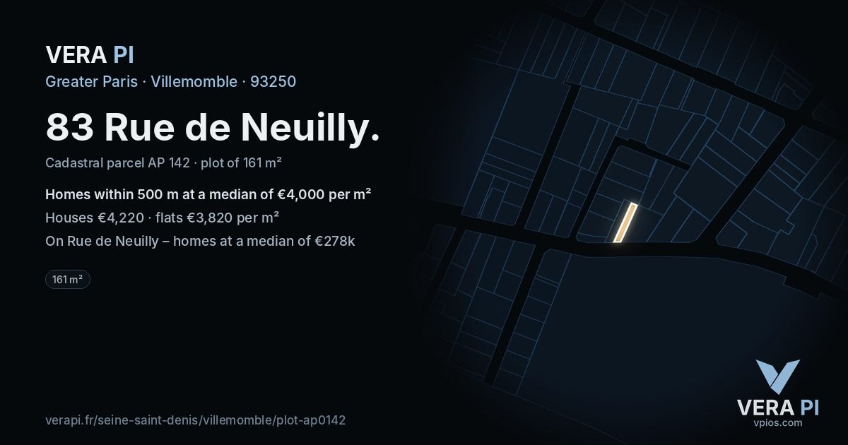 83 Rue de Neuilly, Villemomble at night – the plot lit, the parcels around coloured by the prices near them