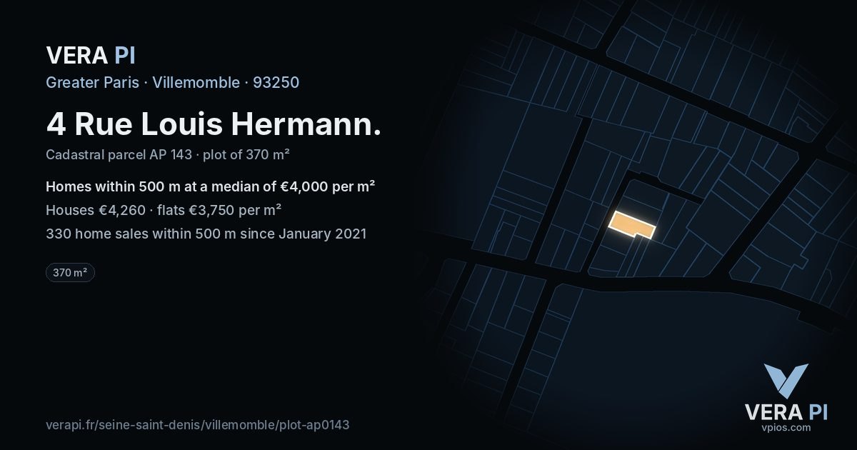 4 Rue Louis Hermann, Villemomble at night – the plot lit, the parcels around coloured by the prices near them