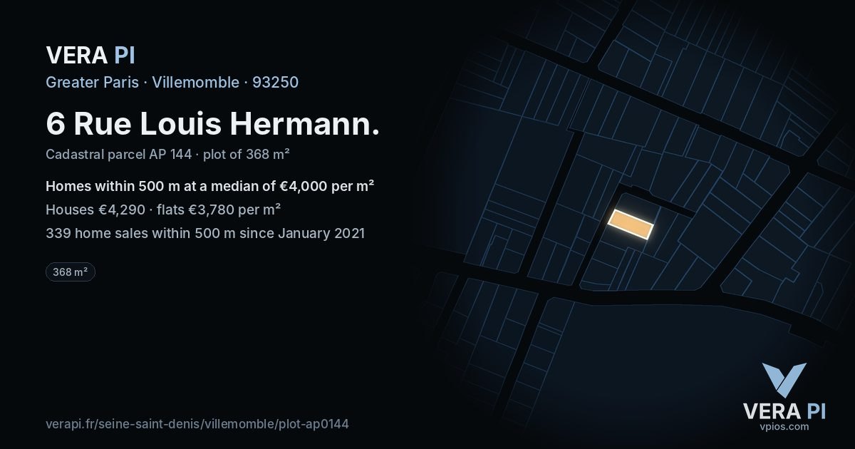 6 Rue Louis Hermann, Villemomble at night – the plot lit, the parcels around coloured by the prices near them