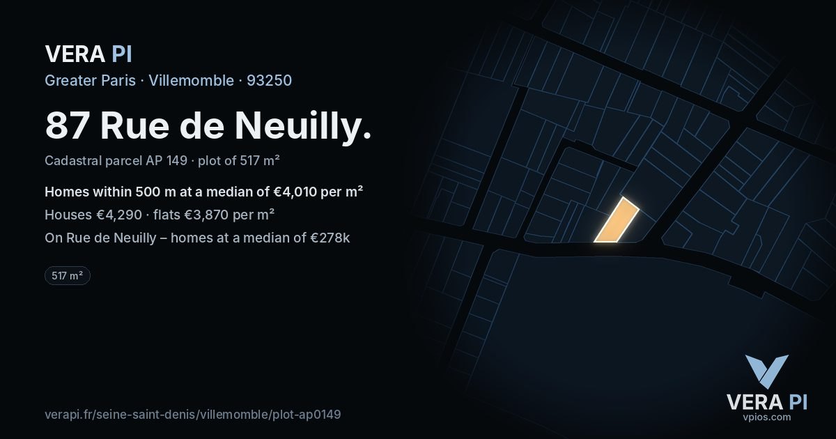 87 Rue de Neuilly, Villemomble at night – the plot lit, the parcels around coloured by the prices near them