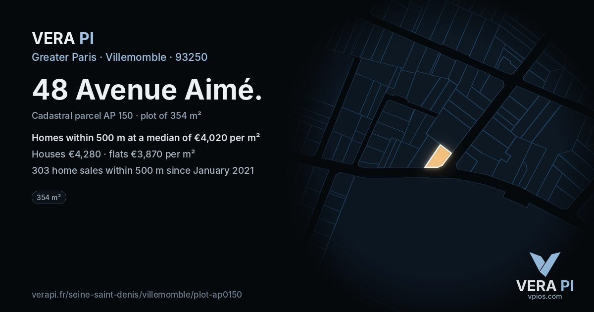 48 Avenue Aimé, Villemomble at night – the plot lit, the parcels around coloured by the prices near them