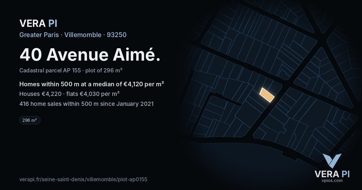 40 Avenue Aimé, Villemomble at night – the plot lit, the parcels around coloured by the prices near them