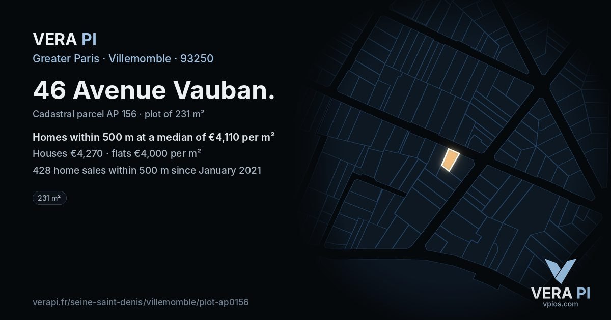 46 Avenue Vauban, Villemomble at night – the plot lit, the parcels around coloured by the prices near them