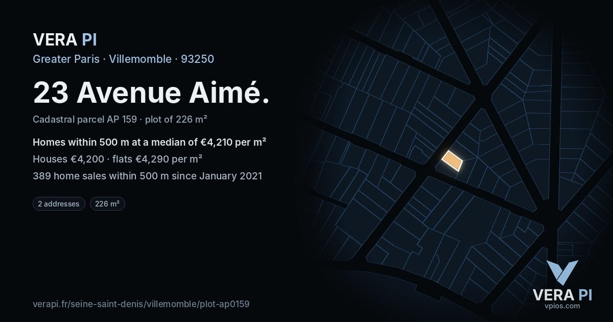 23 Avenue Aimé, Villemomble at night – the plot lit, the parcels around coloured by the prices near them