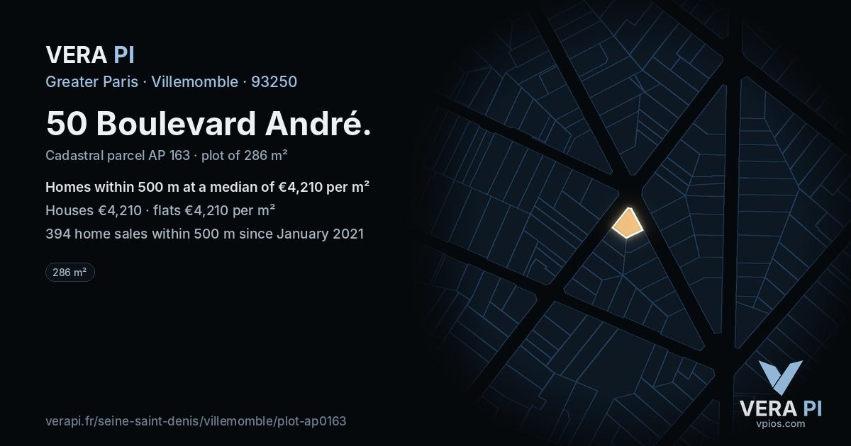 50 Boulevard André, Villemomble at night – the plot lit, the parcels around coloured by the prices near them