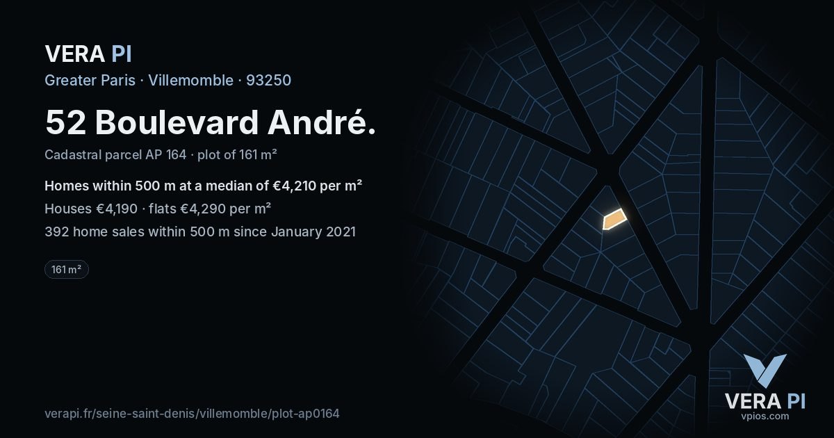52 Boulevard André, Villemomble at night – the plot lit, the parcels around coloured by the prices near them