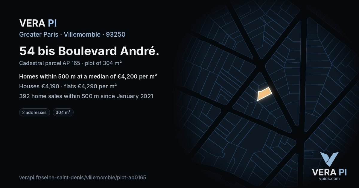 54 bis Boulevard André, Villemomble at night – the plot lit, the parcels around coloured by the prices near them