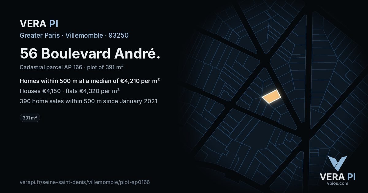 56 Boulevard André, Villemomble at night – the plot lit, the parcels around coloured by the prices near them