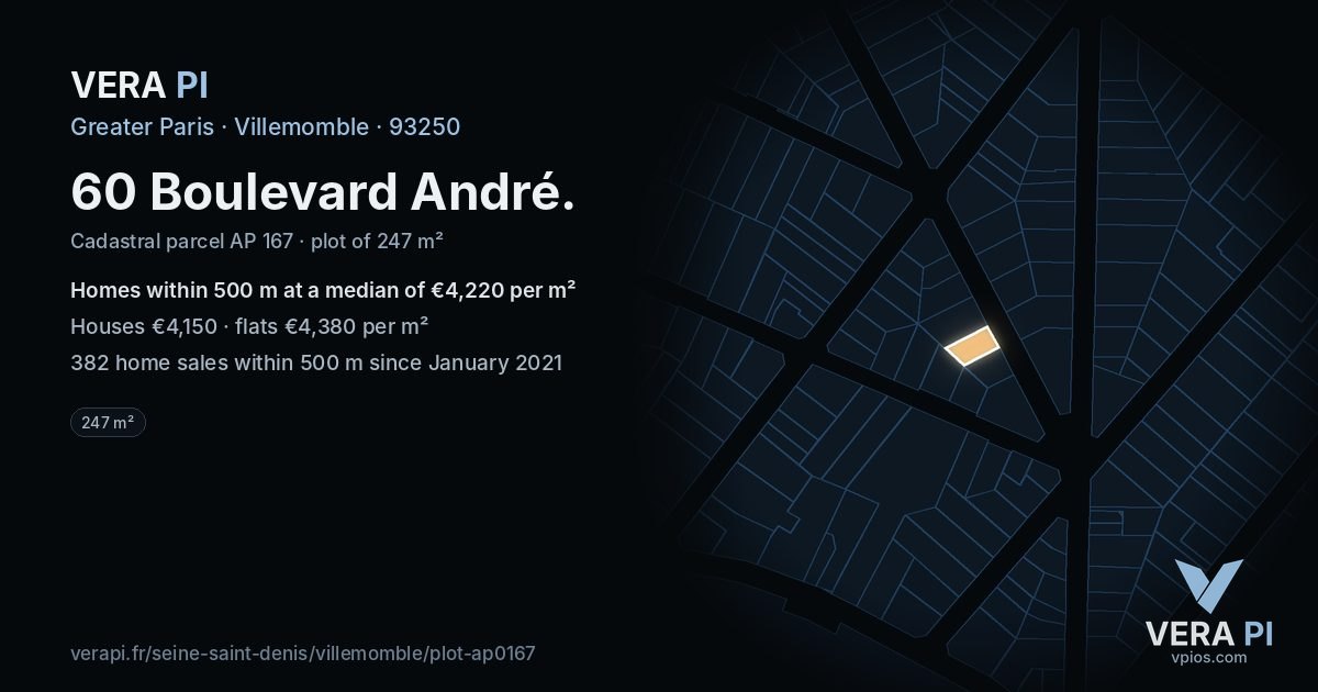60 Boulevard André, Villemomble at night – the plot lit, the parcels around coloured by the prices near them