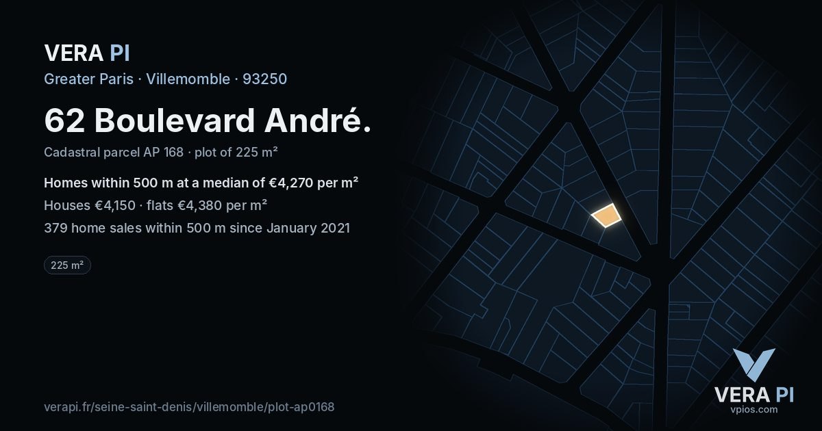62 Boulevard André, Villemomble at night – the plot lit, the parcels around coloured by the prices near them