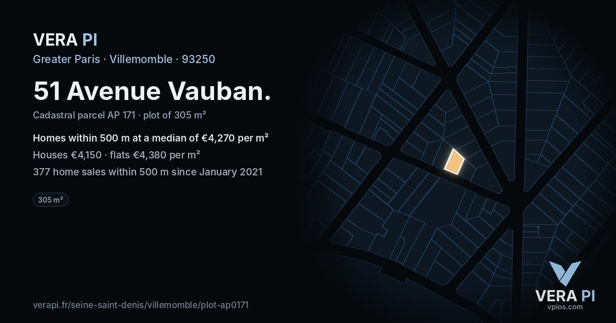 51 Avenue Vauban, Villemomble at night – the plot lit, the parcels around coloured by the prices near them