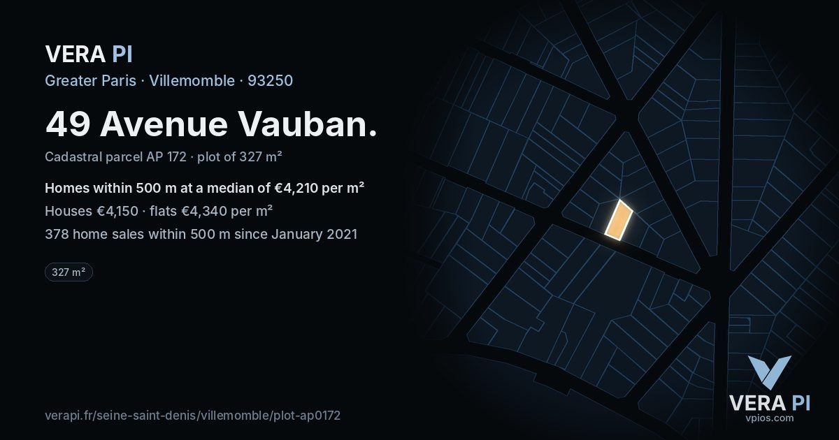 49 Avenue Vauban, Villemomble at night – the plot lit, the parcels around coloured by the prices near them