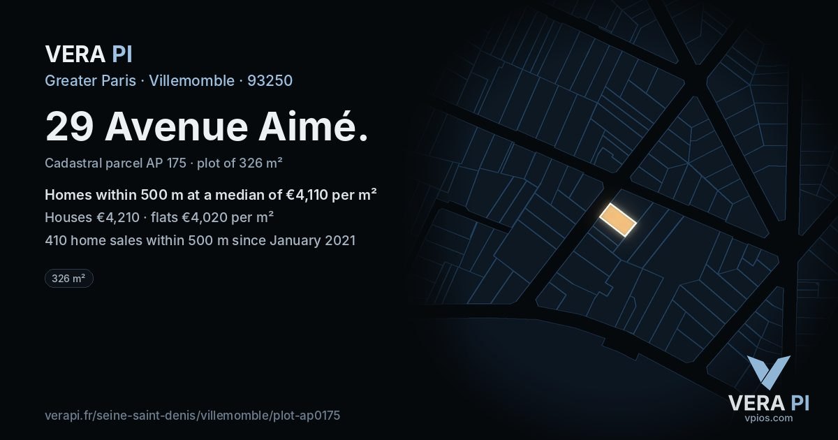 29 Avenue Aimé, Villemomble at night – the plot lit, the parcels around coloured by the prices near them