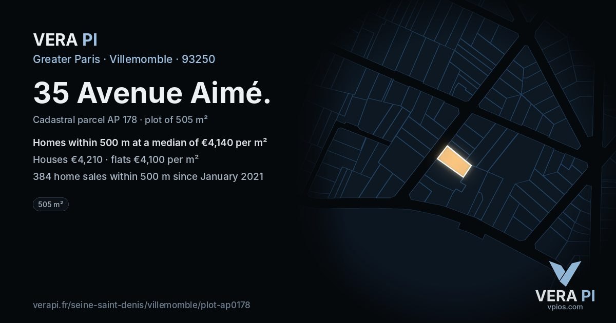 35 Avenue Aimé, Villemomble at night – the plot lit, the parcels around coloured by the prices near them