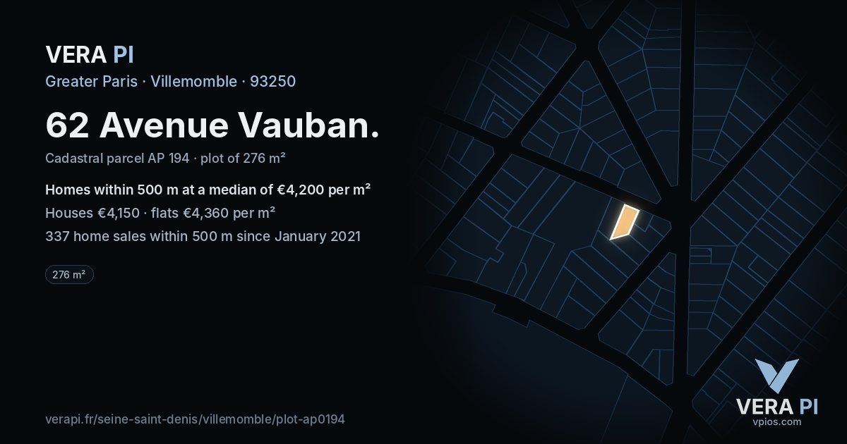 62 Avenue Vauban, Villemomble at night – the plot lit, the parcels around coloured by the prices near them