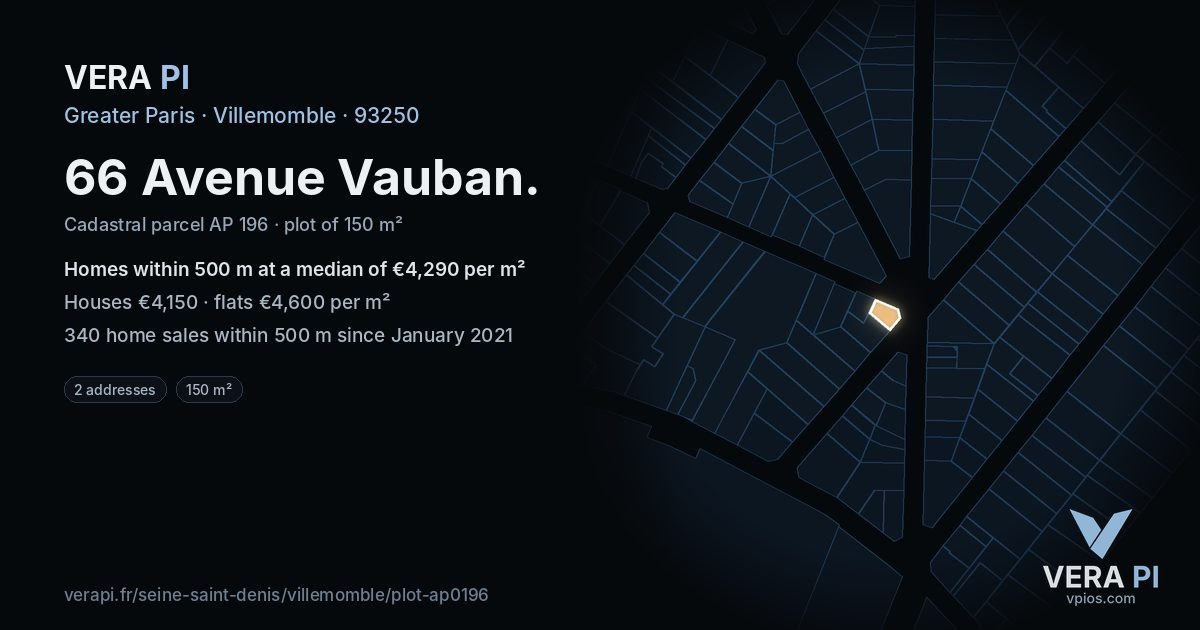 66 Avenue Vauban, Villemomble at night – the plot lit, the parcels around coloured by the prices near them
