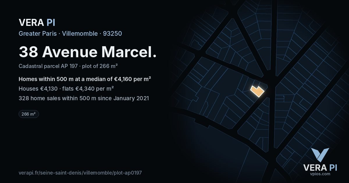 38 Avenue Marcel, Villemomble at night – the plot lit, the parcels around coloured by the prices near them