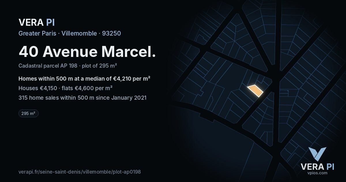40 Avenue Marcel, Villemomble at night – the plot lit, the parcels around coloured by the prices near them