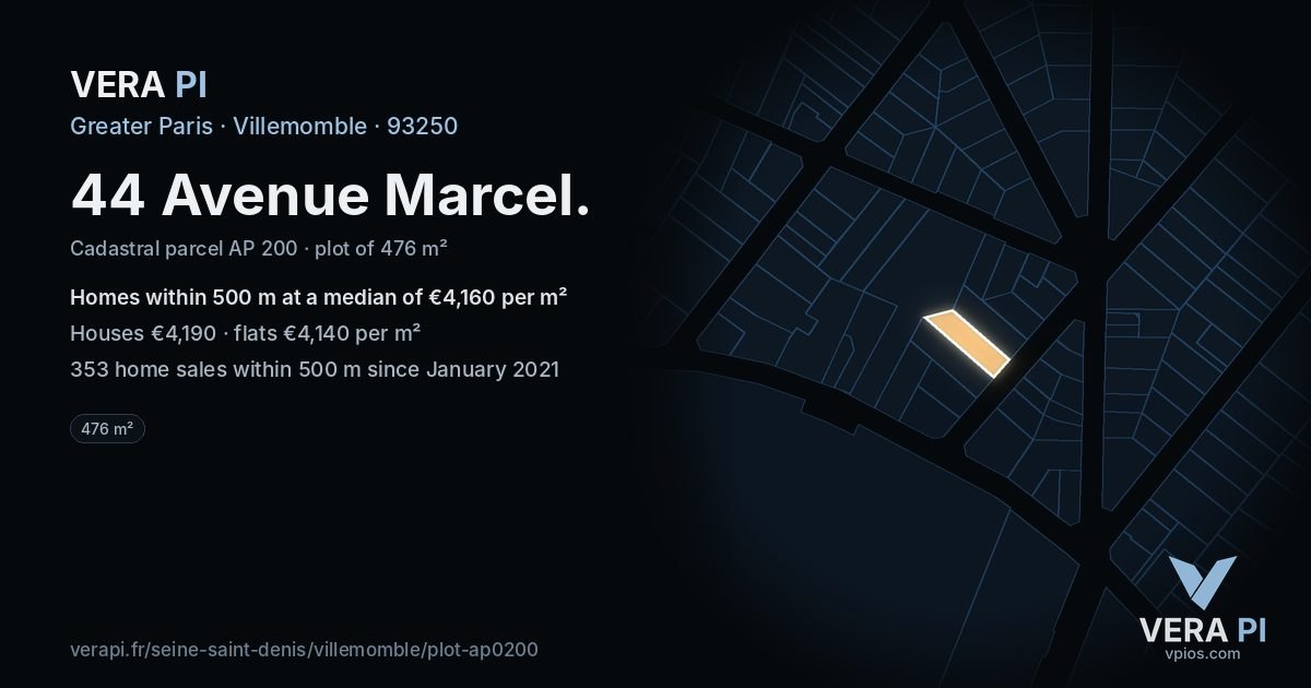 44 Avenue Marcel, Villemomble at night – the plot lit, the parcels around coloured by the prices near them