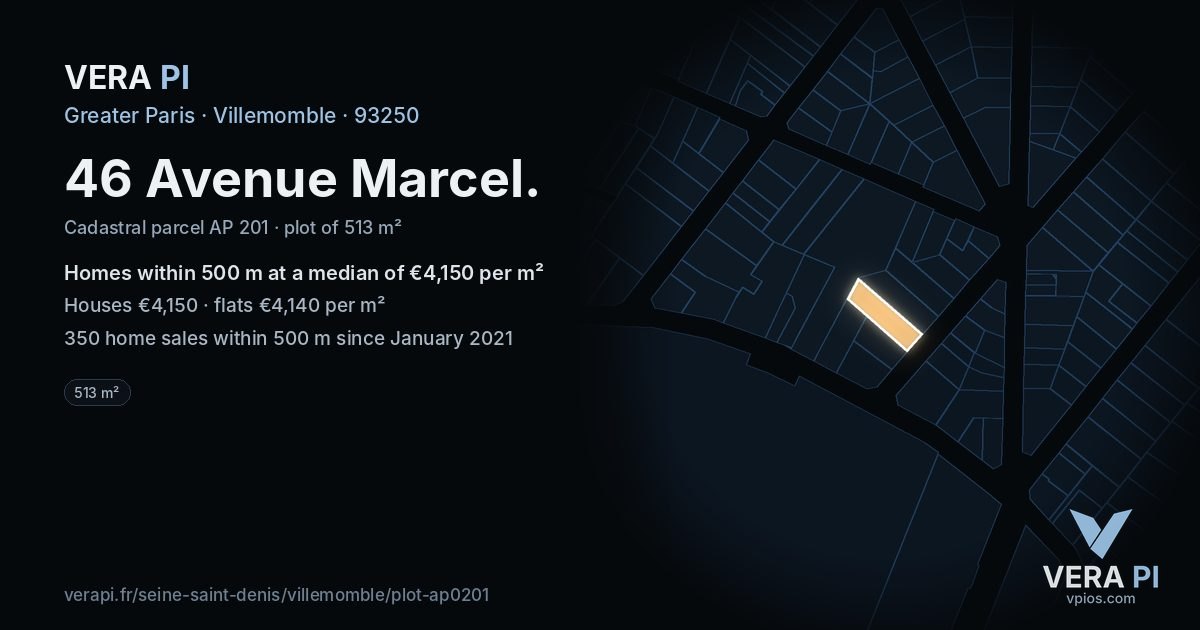 46 Avenue Marcel, Villemomble at night – the plot lit, the parcels around coloured by the prices near them