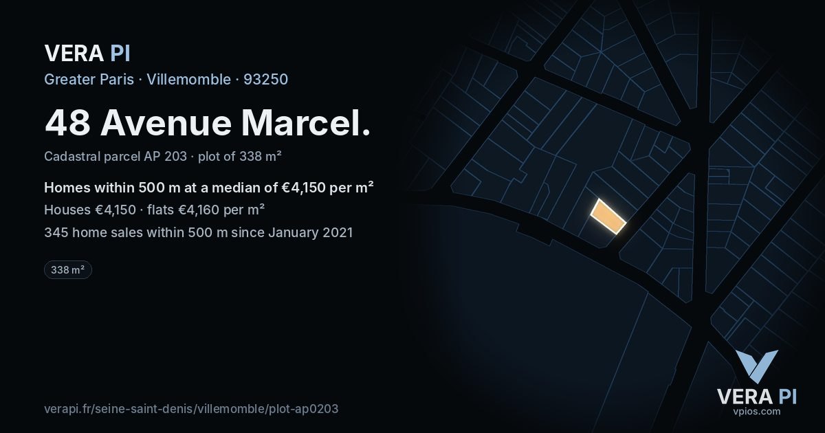 48 Avenue Marcel, Villemomble at night – the plot lit, the parcels around coloured by the prices near them