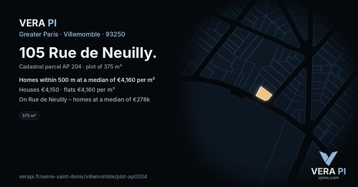 105 Rue de Neuilly, Villemomble at night – the plot lit, the parcels around coloured by the prices near them