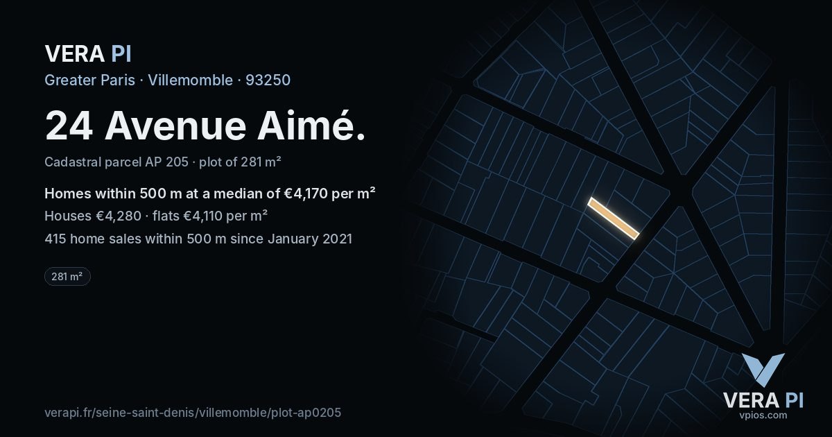 24 Avenue Aimé, Villemomble at night – the plot lit, the parcels around coloured by the prices near them