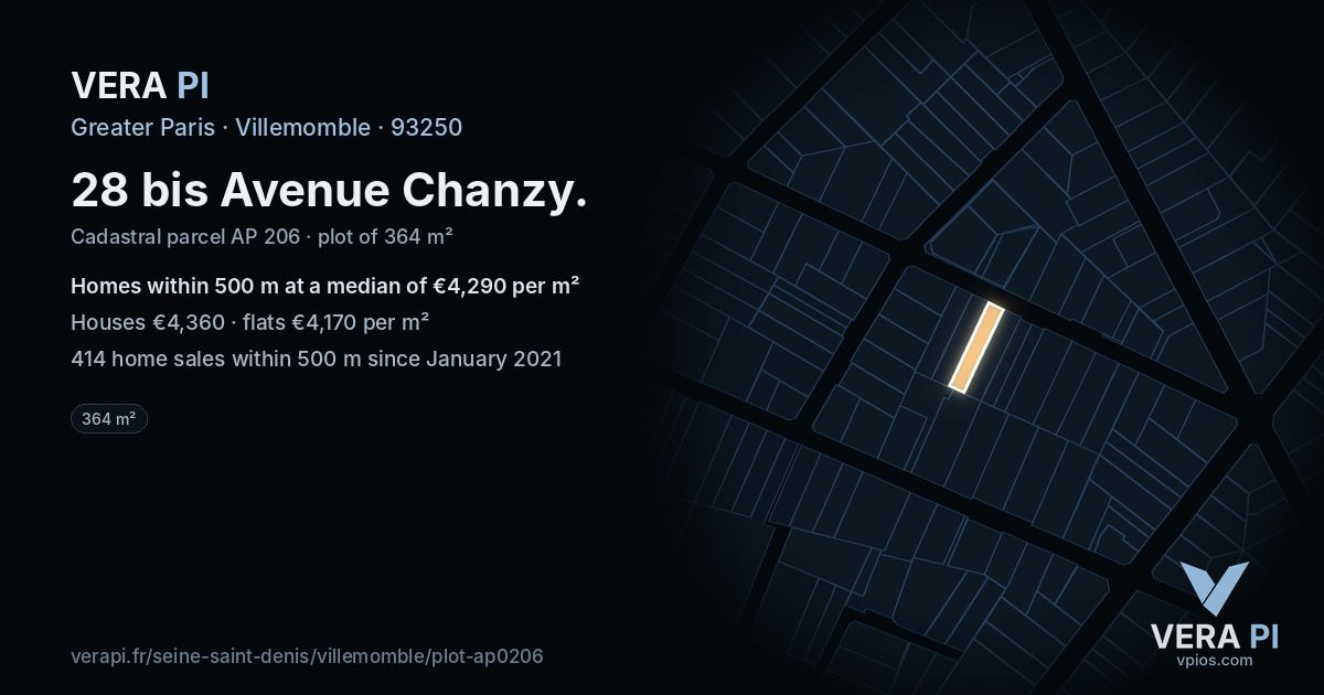 28 bis Avenue Chanzy, Villemomble at night – the plot lit, the parcels around coloured by the prices near them
