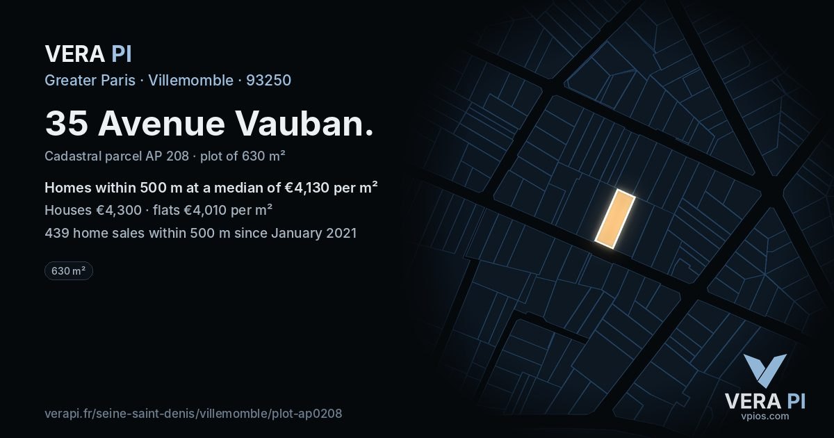 35 Avenue Vauban, Villemomble at night – the plot lit, the parcels around coloured by the prices near them
