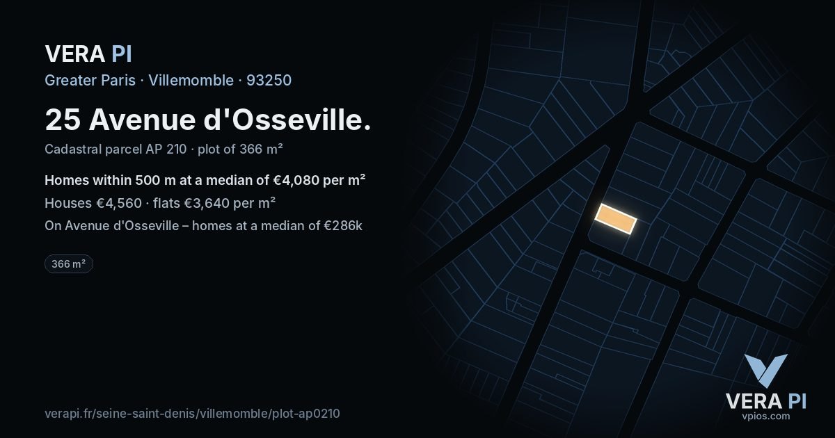 25 Avenue d'Osseville, Villemomble at night – the plot lit, the parcels around coloured by the prices near them
