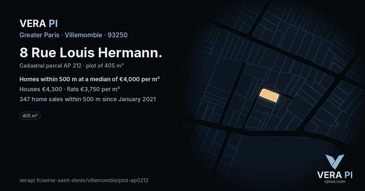 8 Rue Louis Hermann, Villemomble at night – the plot lit, the parcels around coloured by the prices near them