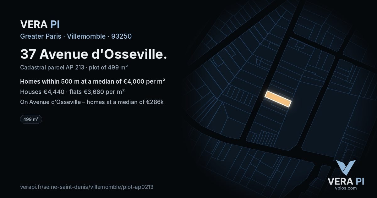 37 Avenue d'Osseville, Villemomble at night – the plot lit, the parcels around coloured by the prices near them