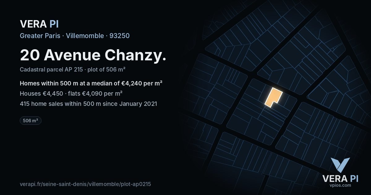 20 Avenue Chanzy, Villemomble at night – the plot lit, the parcels around coloured by the prices near them