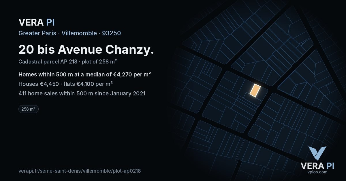 20 bis Avenue Chanzy, Villemomble at night – the plot lit, the parcels around coloured by the prices near them