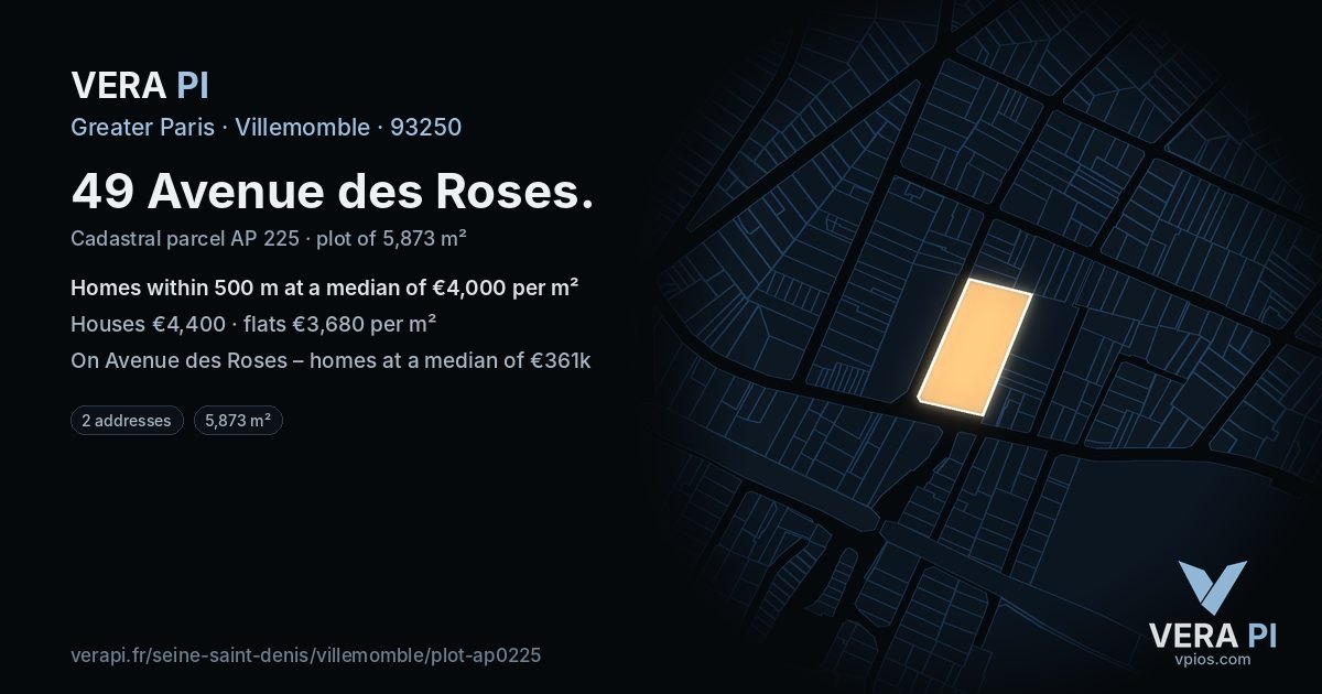 49 Avenue des Roses, Villemomble at night – the plot lit, the parcels around coloured by the prices near them