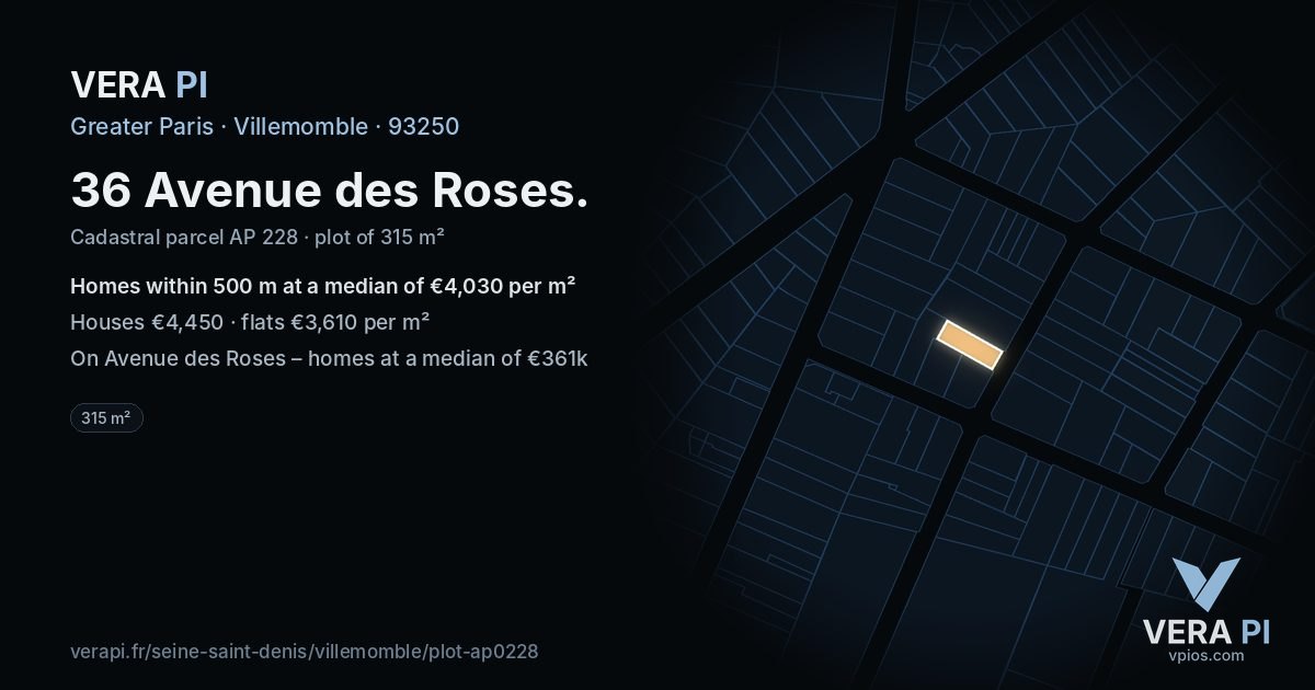 36 Avenue des Roses, Villemomble at night – the plot lit, the parcels around coloured by the prices near them