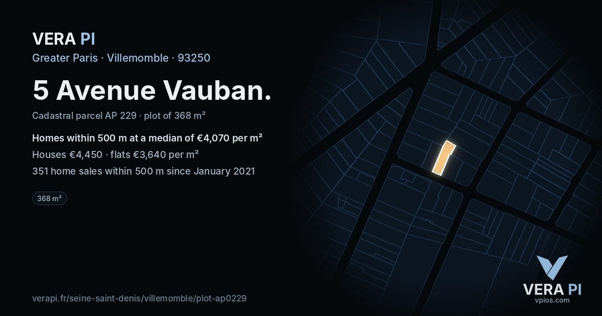 5 Avenue Vauban, Villemomble at night – the plot lit, the parcels around coloured by the prices near them