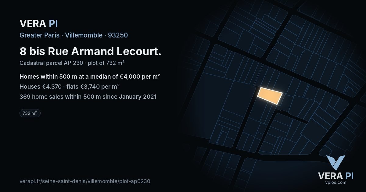 8 bis Rue Armand Lecourt, Villemomble at night – the plot lit, the parcels around coloured by the prices near them