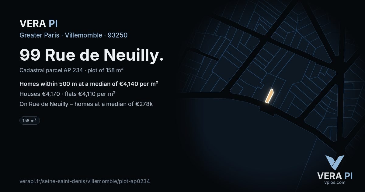 99 Rue de Neuilly, Villemomble at night – the plot lit, the parcels around coloured by the prices near them