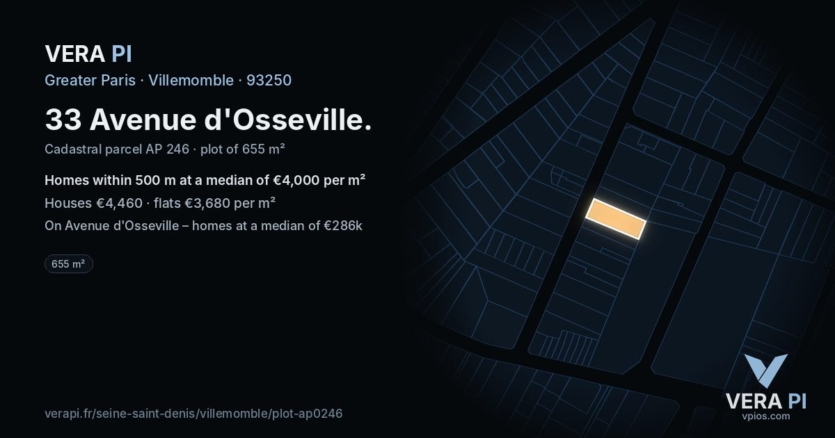 33 Avenue d'Osseville, Villemomble at night – the plot lit, the parcels around coloured by the prices near them