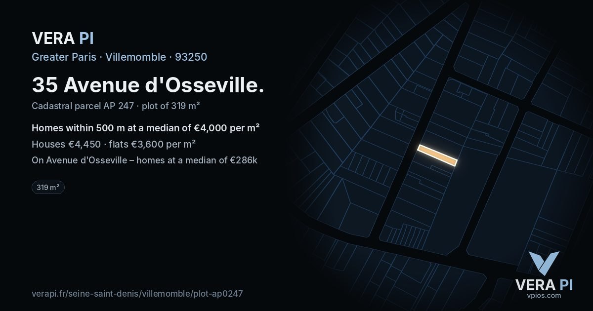 35 Avenue d'Osseville, Villemomble at night – the plot lit, the parcels around coloured by the prices near them