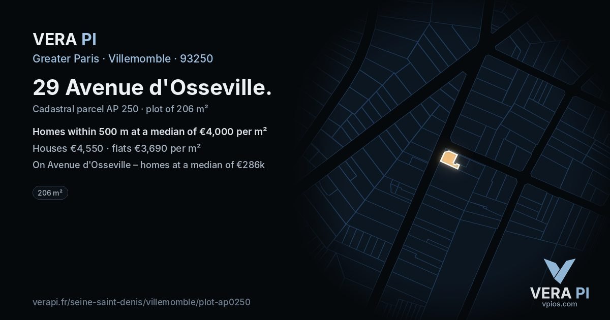 29 Avenue d'Osseville, Villemomble at night – the plot lit, the parcels around coloured by the prices near them