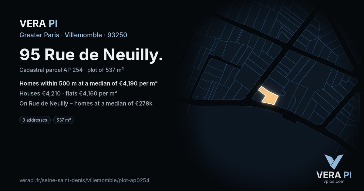 95 Rue de Neuilly, Villemomble at night – the plot lit, the parcels around coloured by the prices near them