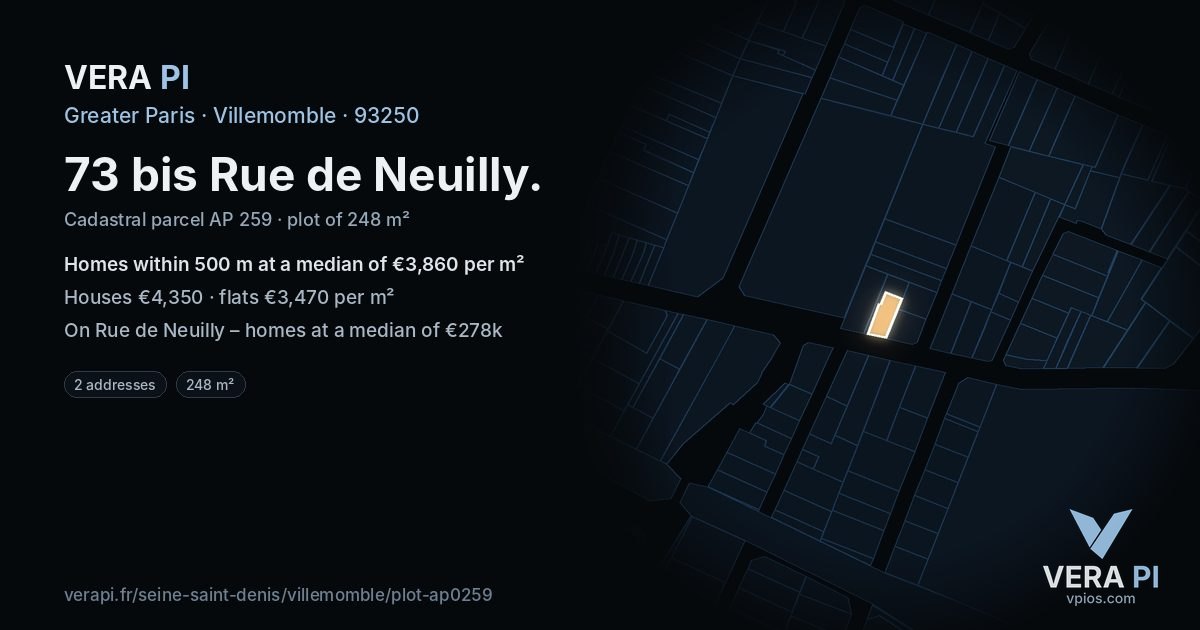 73 bis Rue de Neuilly, Villemomble at night – the plot lit, the parcels around coloured by the prices near them