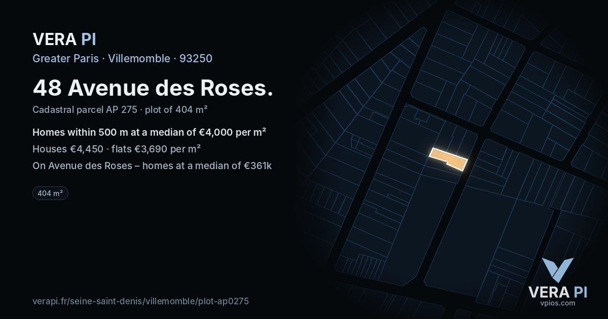 48 Avenue des Roses, Villemomble at night – the plot lit, the parcels around coloured by the prices near them